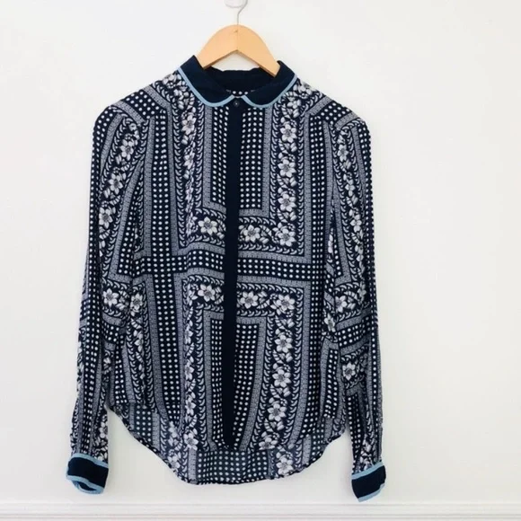 Anthropologie Navy and White Patterned Blouse - Picture 2 of 4